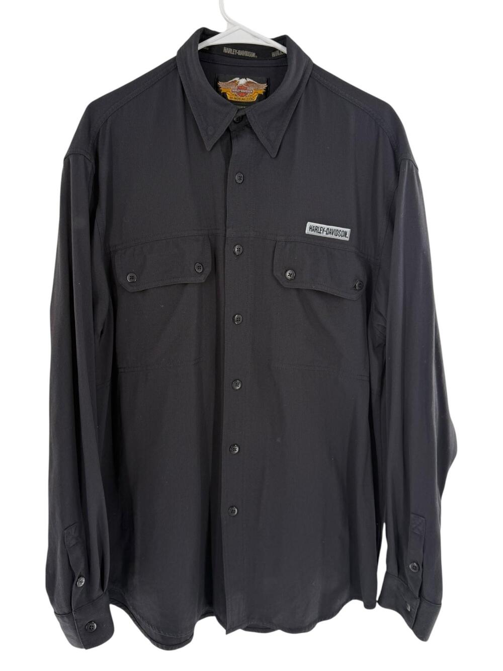 Harley-Davidson Shirt Mens Medium Black Nylon Button Up Embroidered Long Sleeve